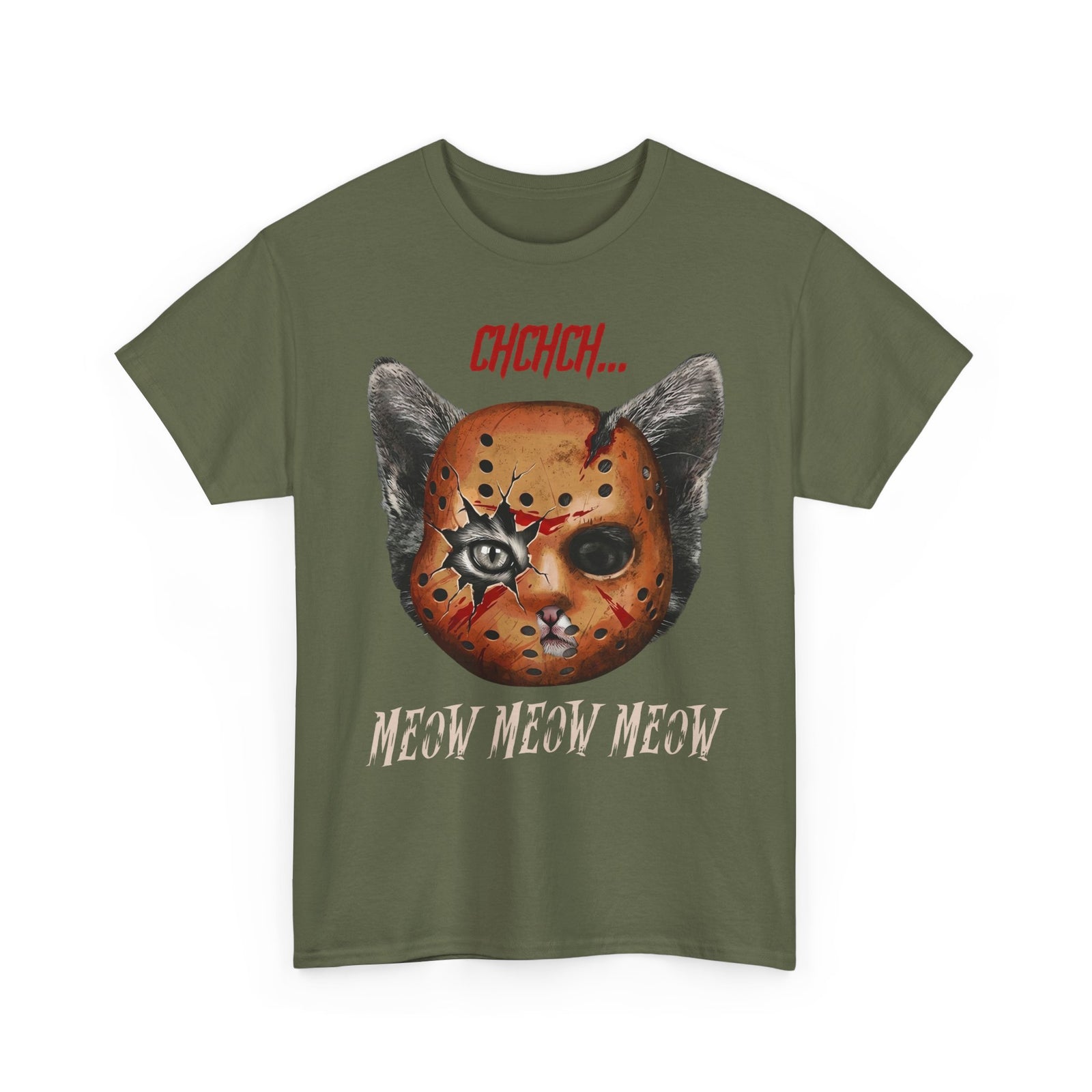 Horror Cat Tee  “Meow Meow Meow” Jason Mask Kitty Graphic T-Shirt