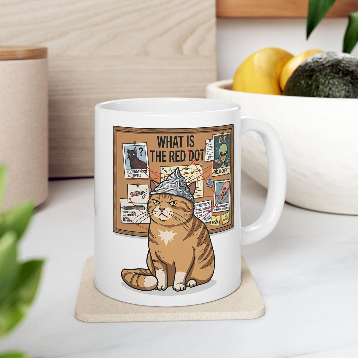 Funny Cat Conspiracy Mug "What Is The Red Dot?" Laser Pointer Humor