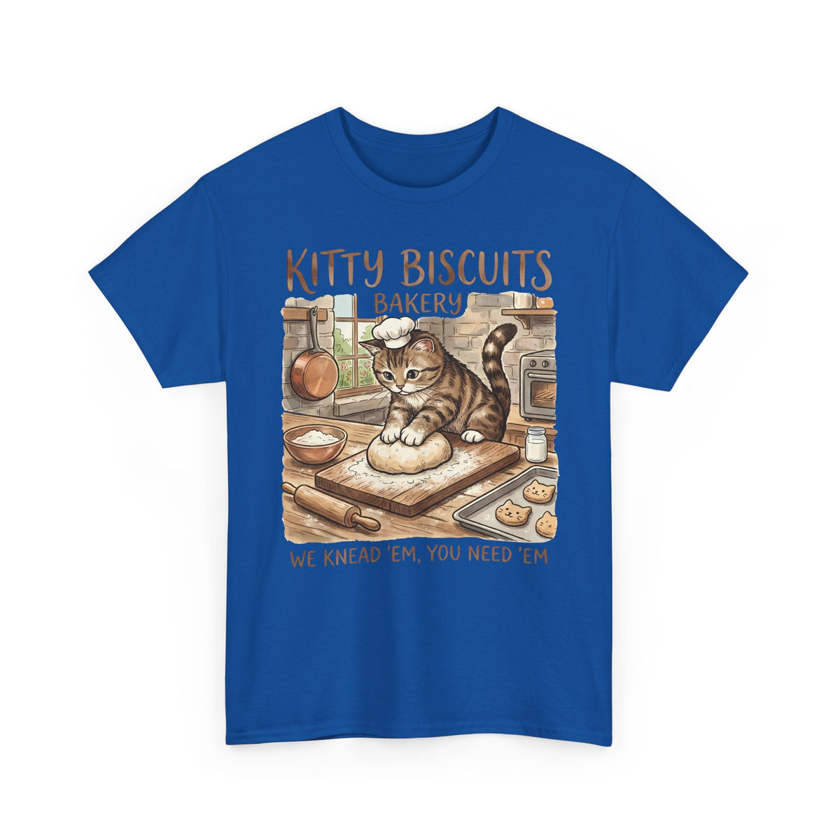 Kitty Biscuits Bakery T-Shirt — "We Knead 'Em We Need 'Em" Cat Bakery Tee