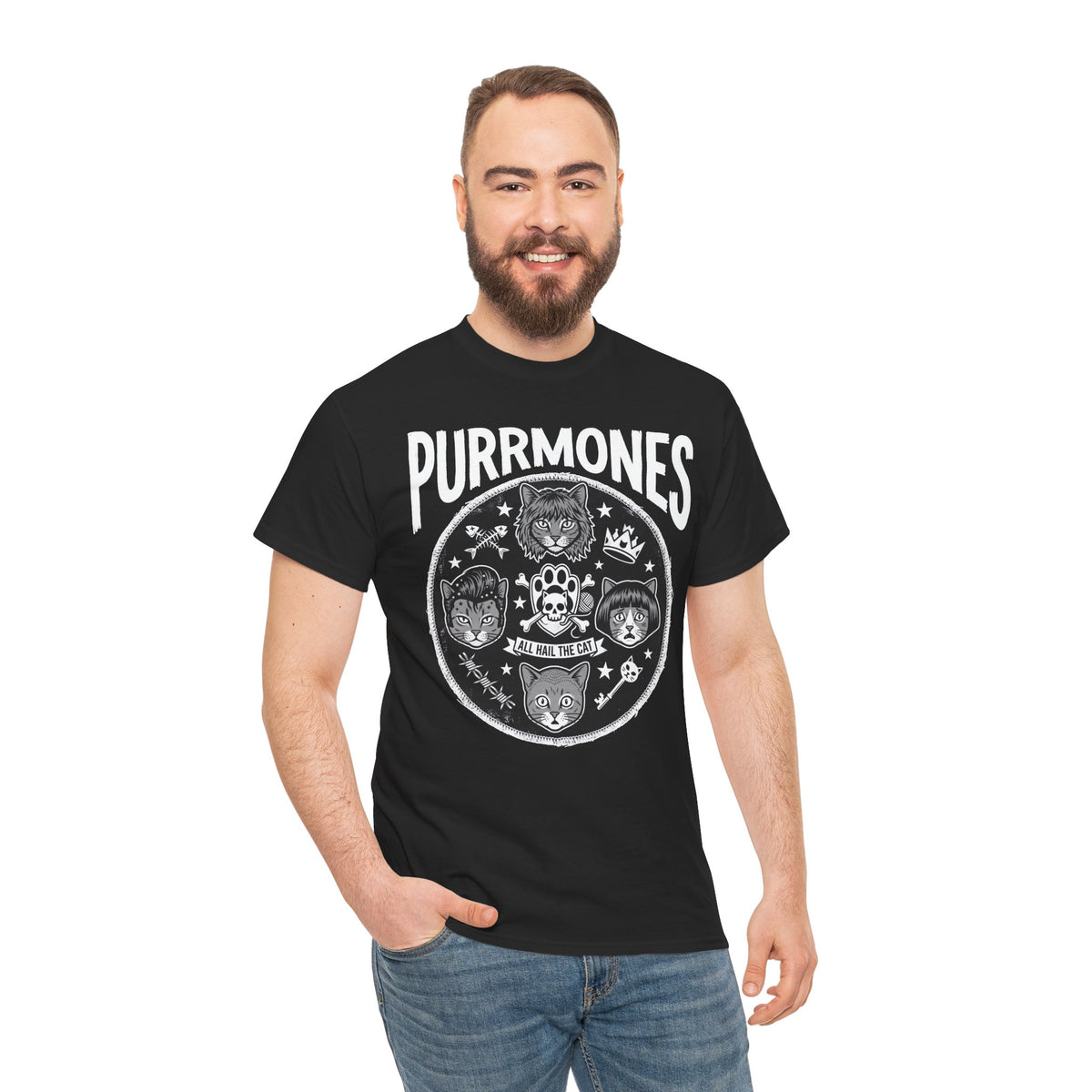Purrmones Band Tee — Vintage Rock Cat Skull Graphic T-Shirt