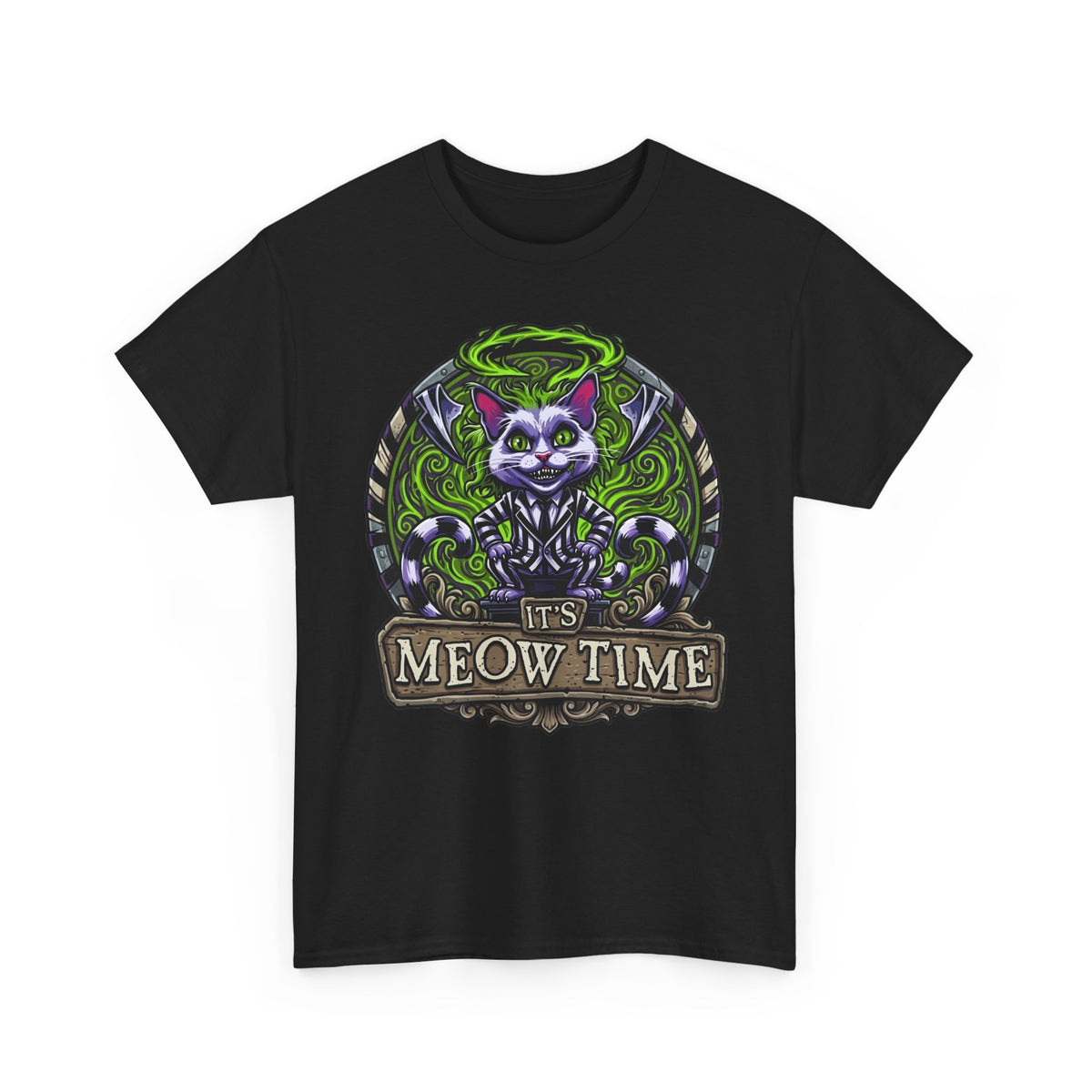 It's Meow Time Cat T‑Shirt — Gothic Neon Halloween Cat Graphic Tee