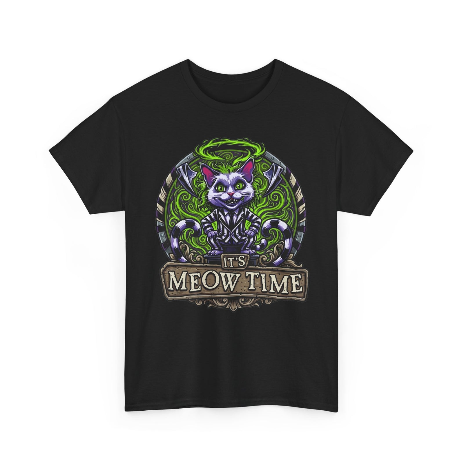 It's Meow Time Cat T‑Shirt — Gothic Neon Halloween Cat Graphic Tee