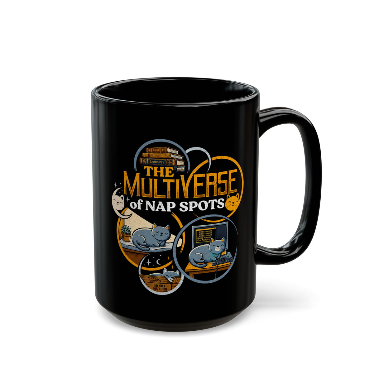 Multiverse Nap Spots Cute Cat Black Mug — Cute Cat Nap Graphic Mug