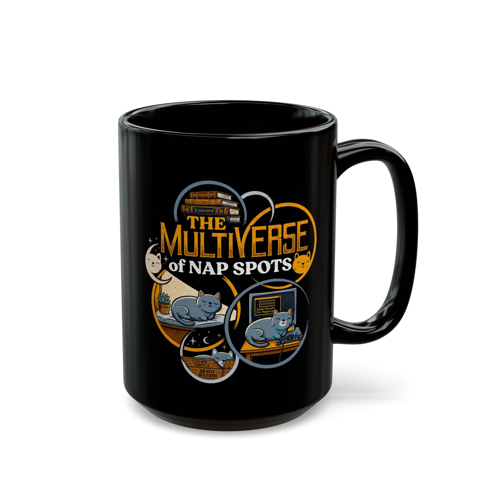 Multiverse Nap Spots Cute Cat Black Mug — Cute Cat Nap Graphic Mug