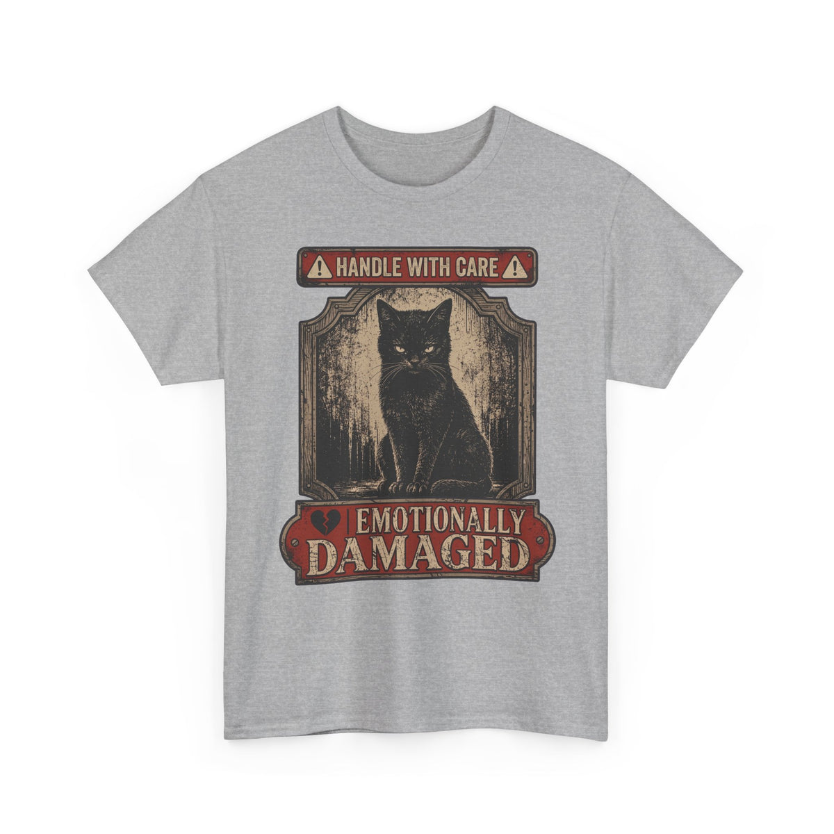 Emotionally Damaged Cat T-Shirt – "Handle With Care" Vintage Black Tee