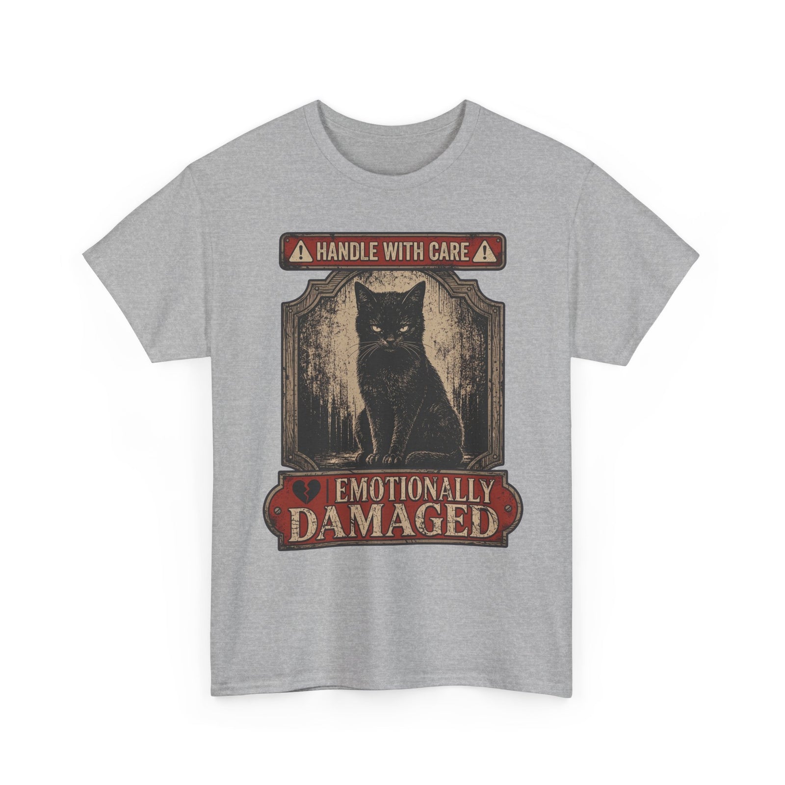 Emotionally Damaged Cat T-Shirt – "Handle With Care" Vintage Black Tee