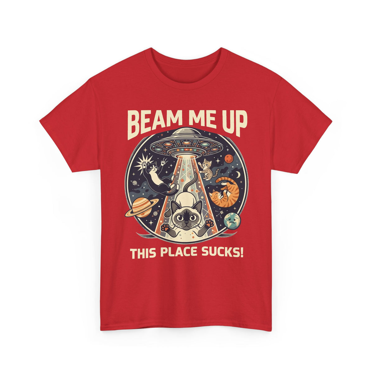 Cat UFO T-Shirt – "Beam Me Up, This Place Sucks" Retro Space Tee