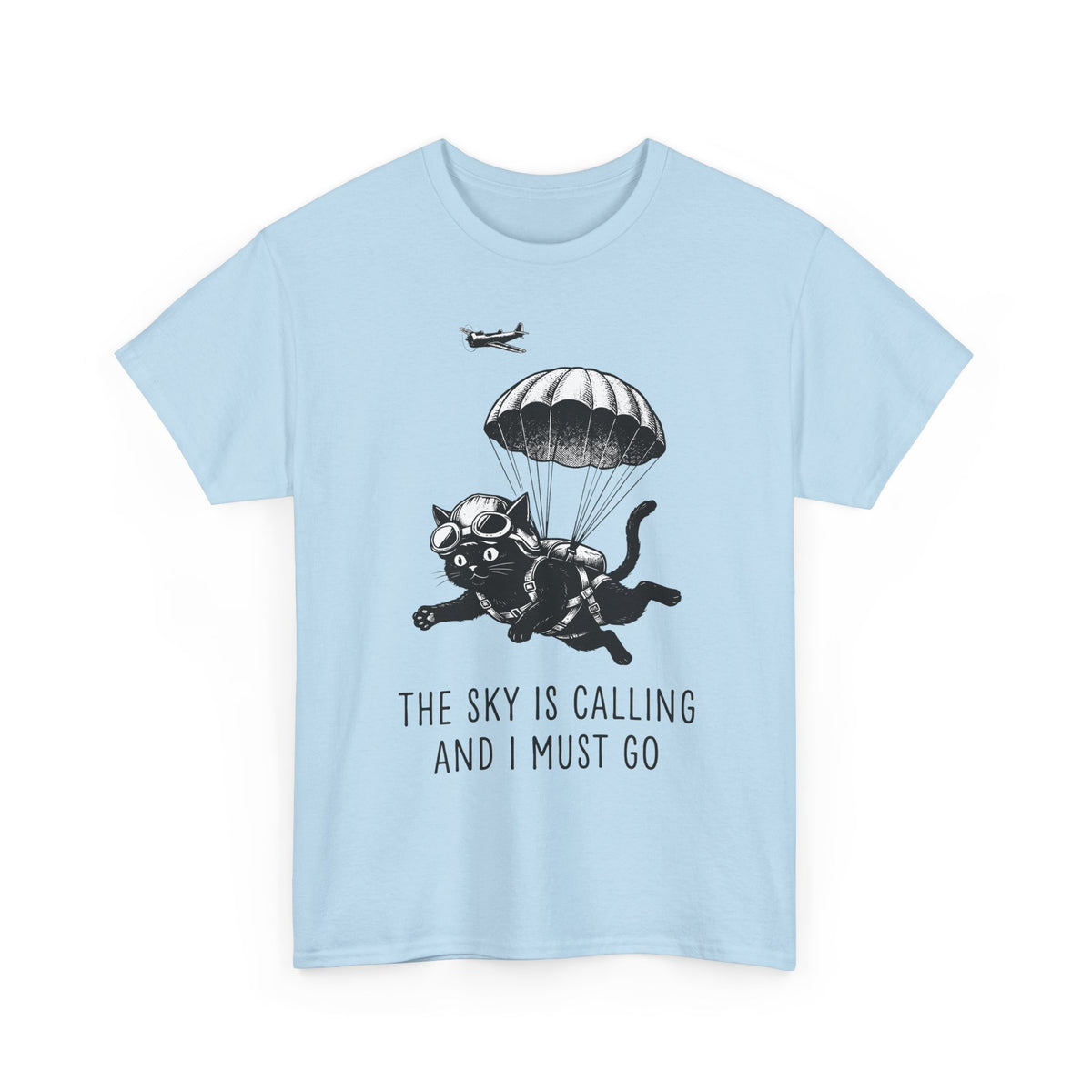 The Sky Is Calling And I Must Go T-Shirt — Funny Parachuting Black Cat Tee