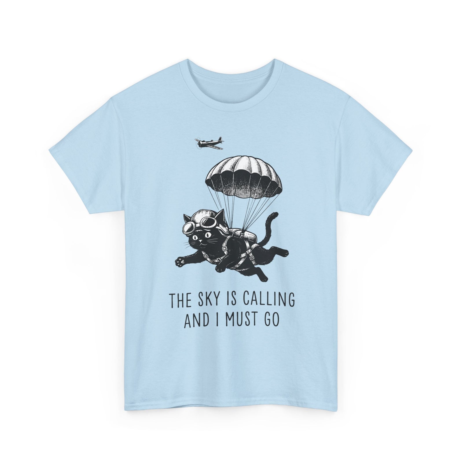 The Sky Is Calling And I Must Go T-Shirt — Funny Parachuting Black Cat Tee