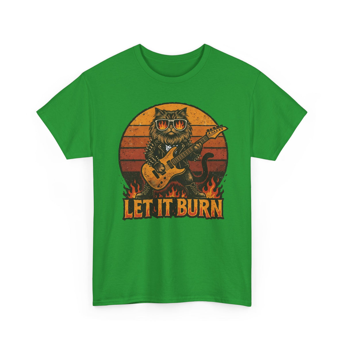 Let It Burn Rocker Cat T-Shirt — Heavy Metal Guitar Feline Graphic