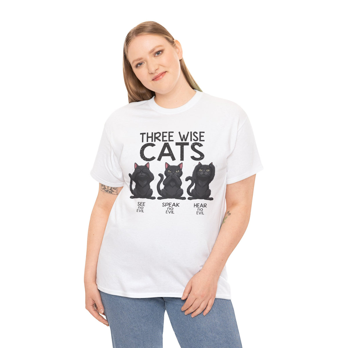 Three Wise Cats T-Shirt — See Speak Hear No Evil Black Cat Graphic