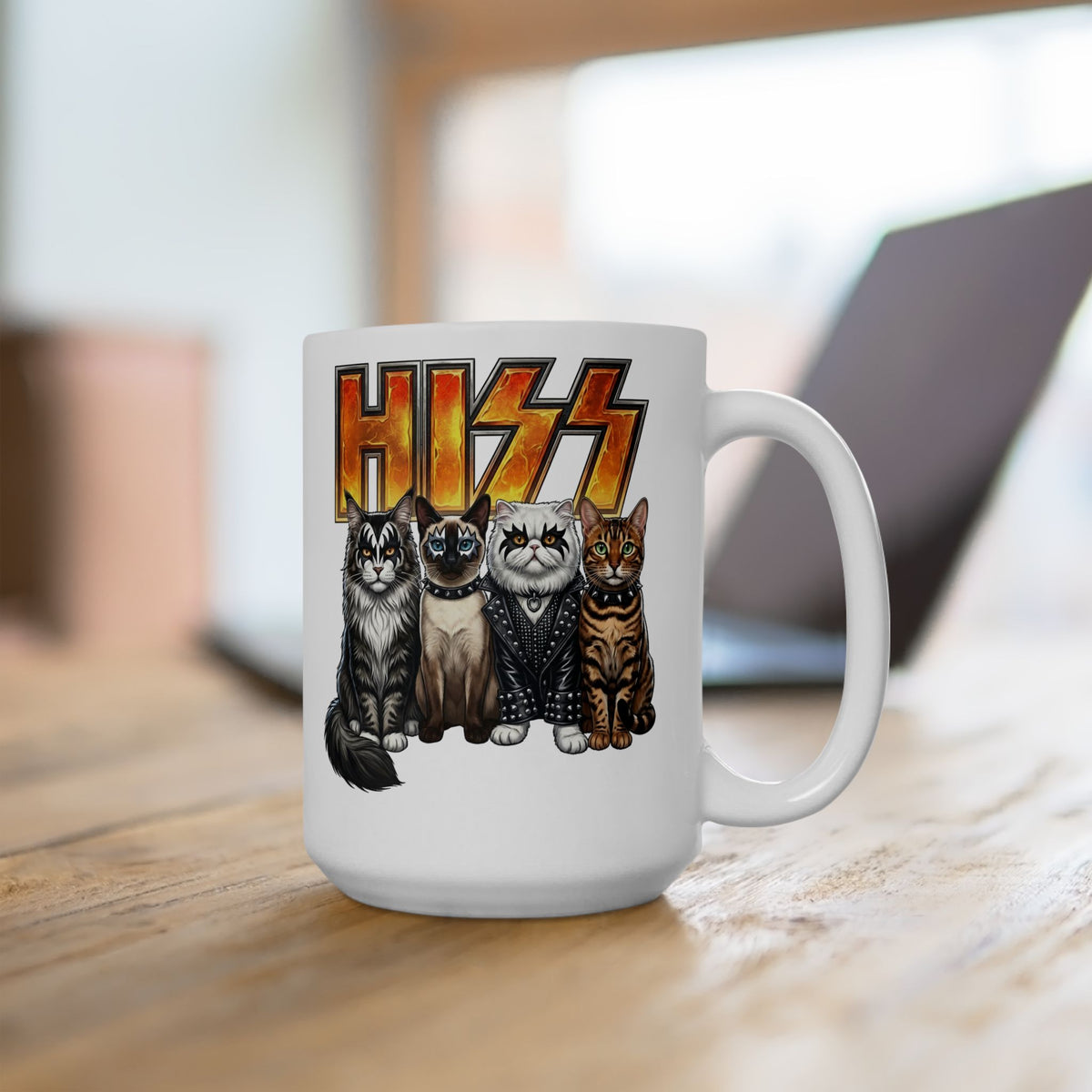 Heavy Metal Cat Hiss Ceramic Mug — Retro Rock Cat Graphic Mug