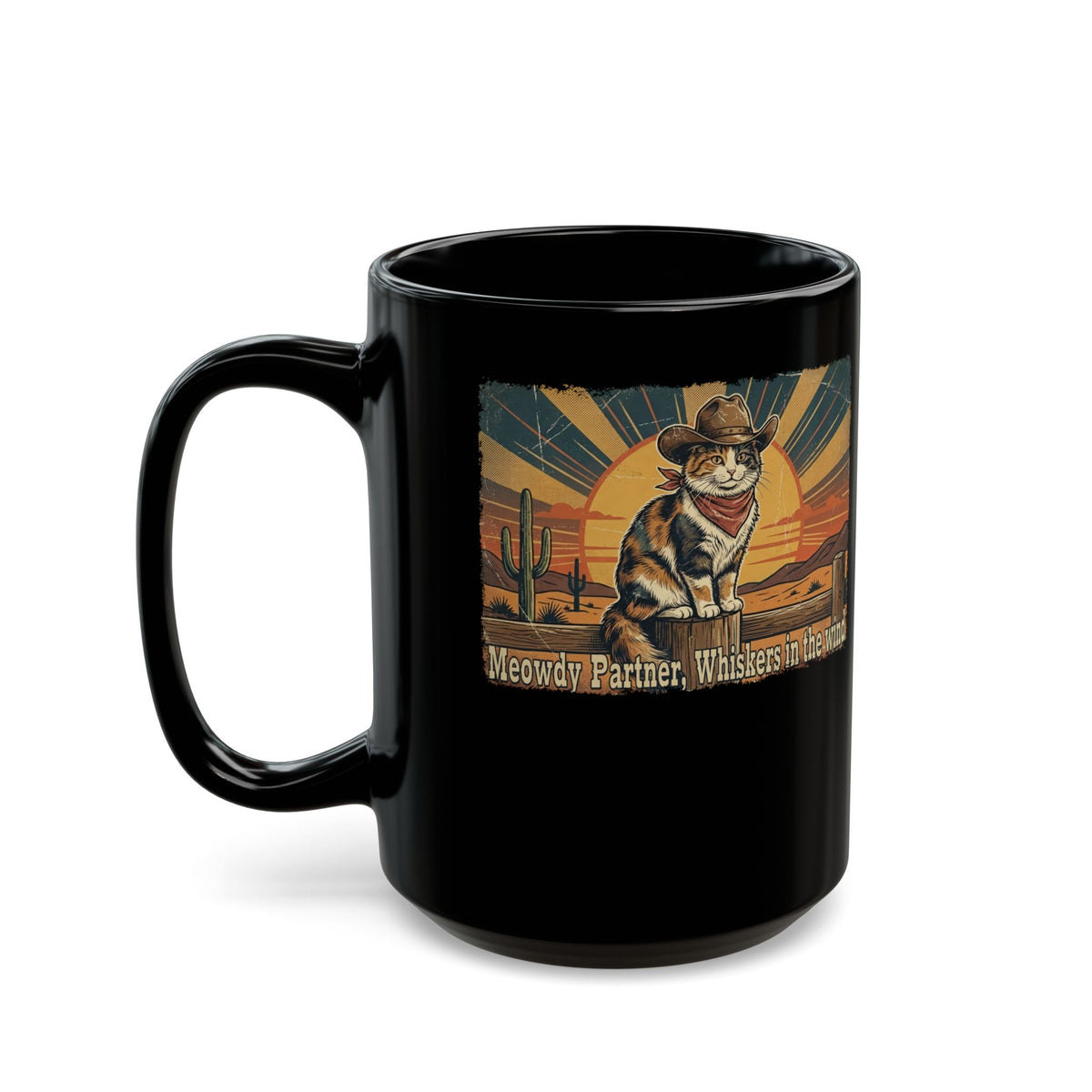 Meowdy Partner Black Mug — Cute Cat Cowboy Graphic Mug
