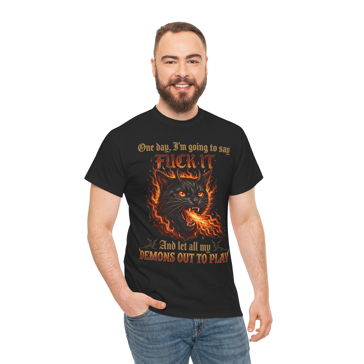 One Day I'm Going To Say Fuck It Demon Cat T-Shirt — Fiery Fire Breathing Black Cat Tee
