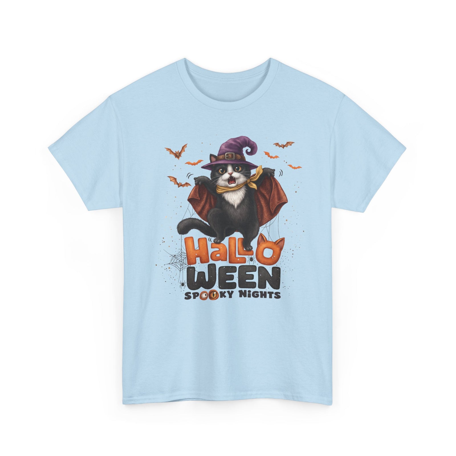 Halloween Spooky Nights Tuxedo Cat T-Shirt — Cute Flying Witch Cat Tee