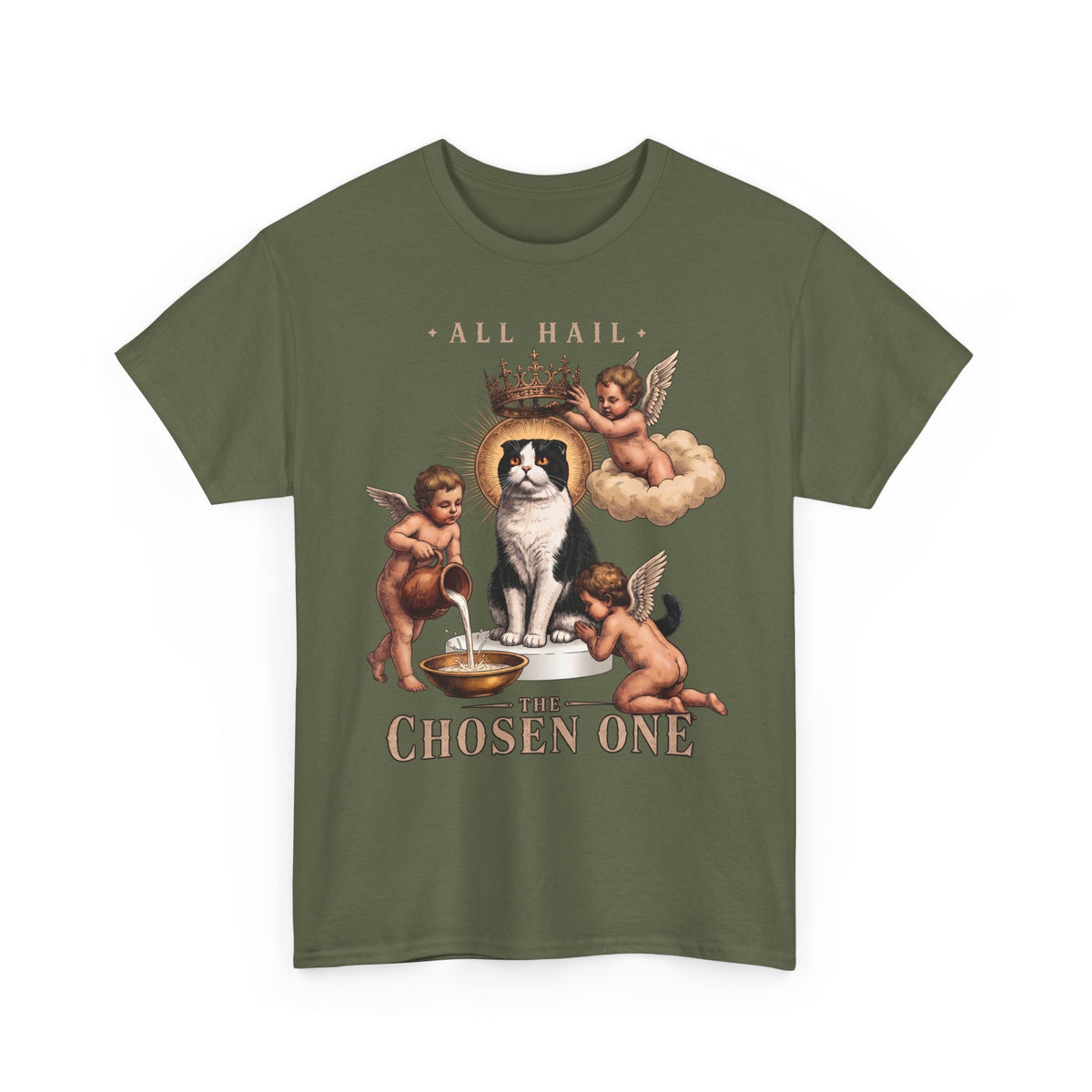 All Hail The Chosen One T-Shirt — Funny Tuxedo Cat Cherub Art Tee