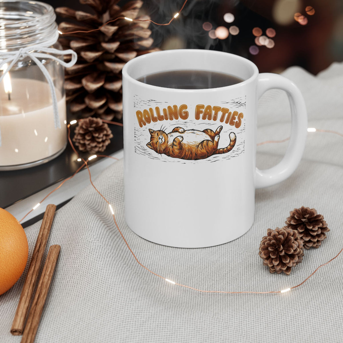 Rolling Fatties Cat Ceramic Mug — Cute Cartoon Cat Graphic Mug