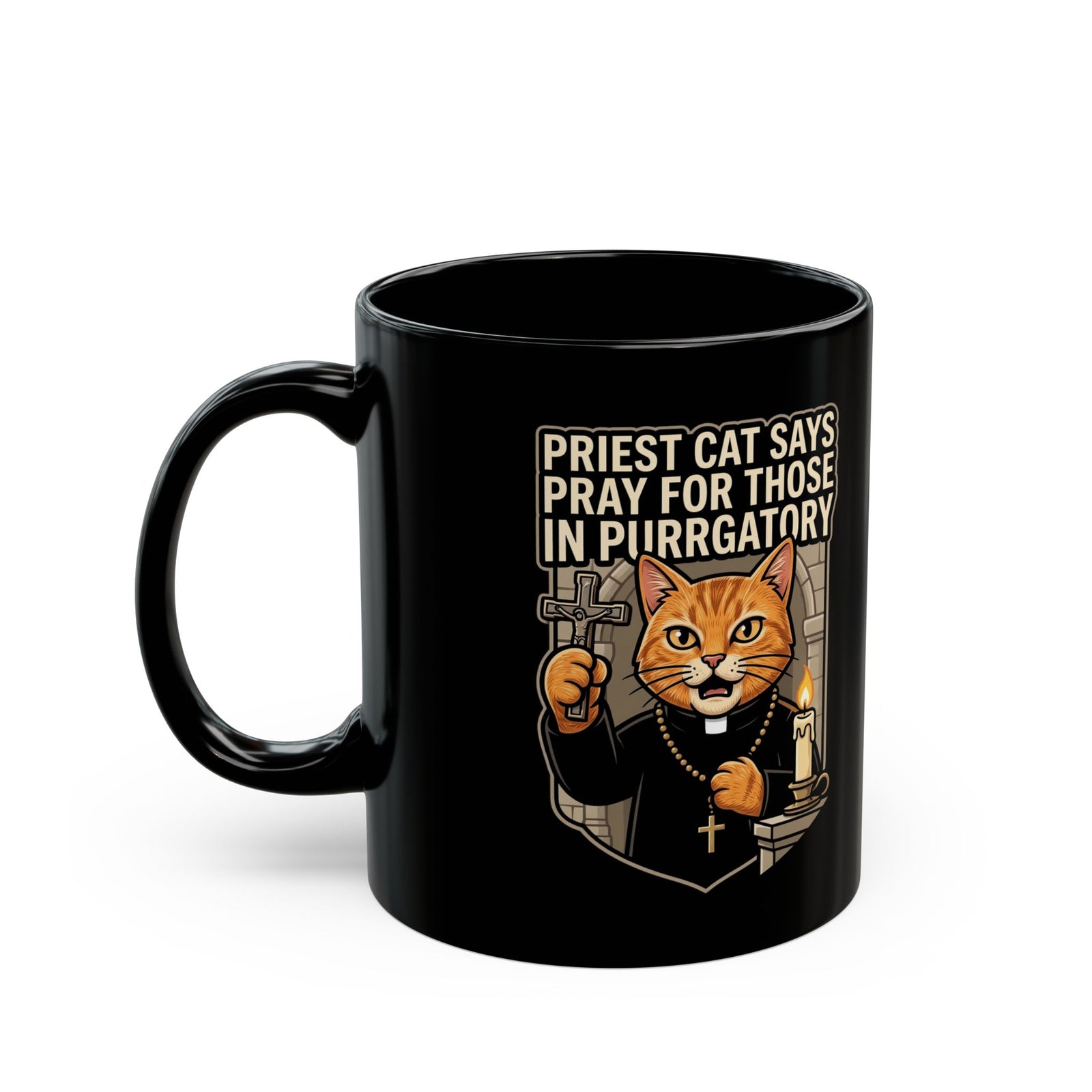 Priest Cat 'Pray For Those In Purratory' Black Mug