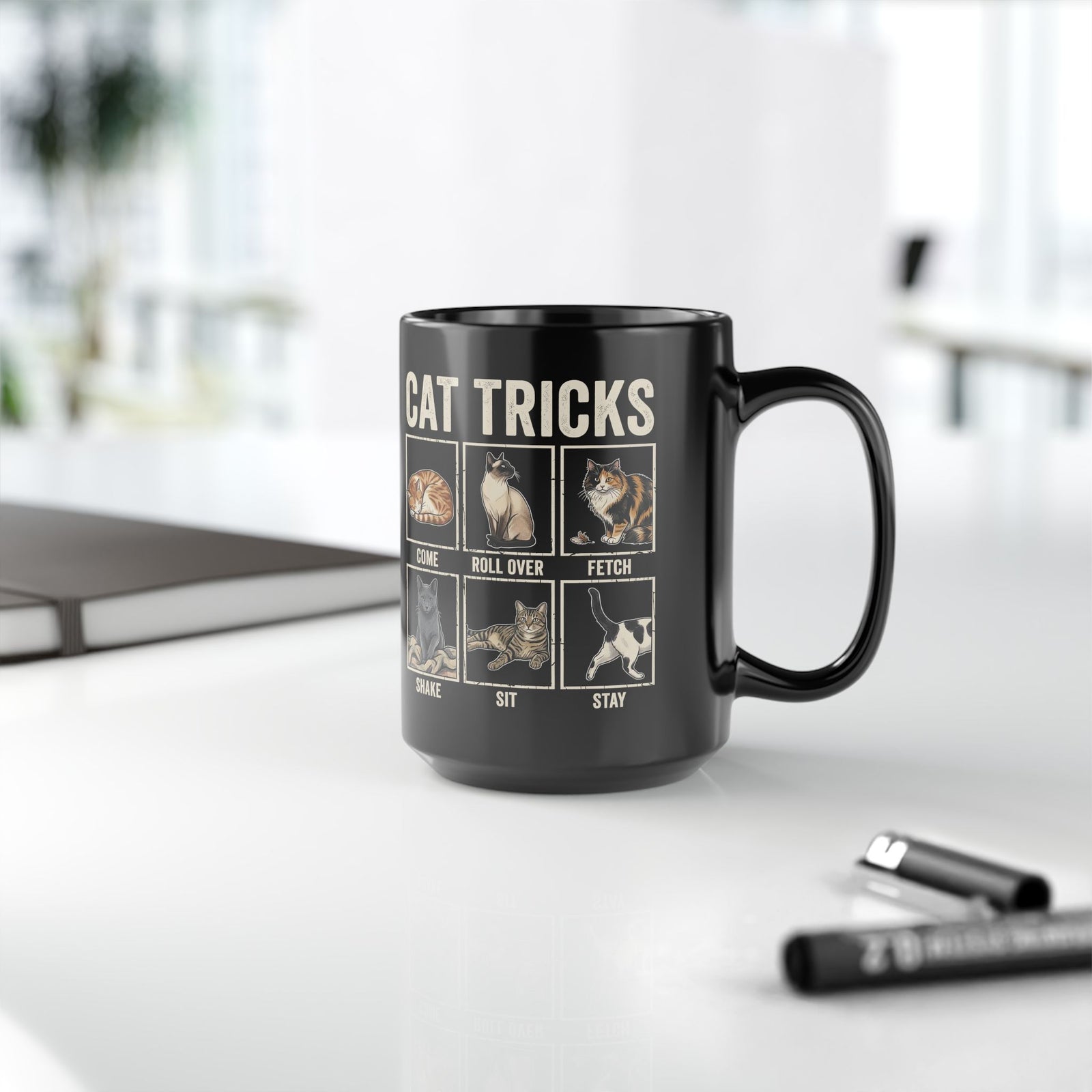 Funny Cat Tricks Black Mug — Cute Cat Humor Mug