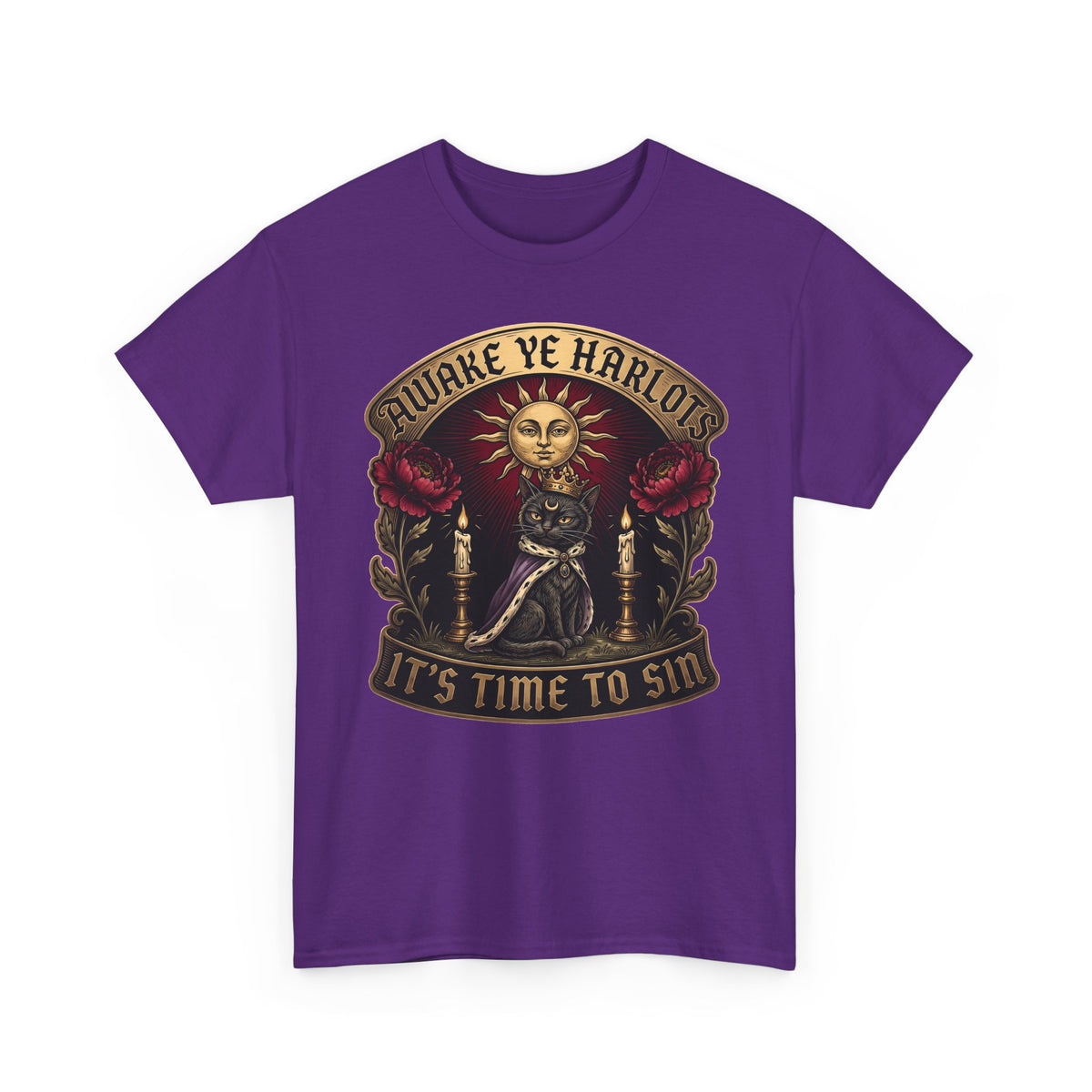 Awake Ye Harlots It's Time To Sin T-Shirt — Mystical Crowned Black Cat Tee