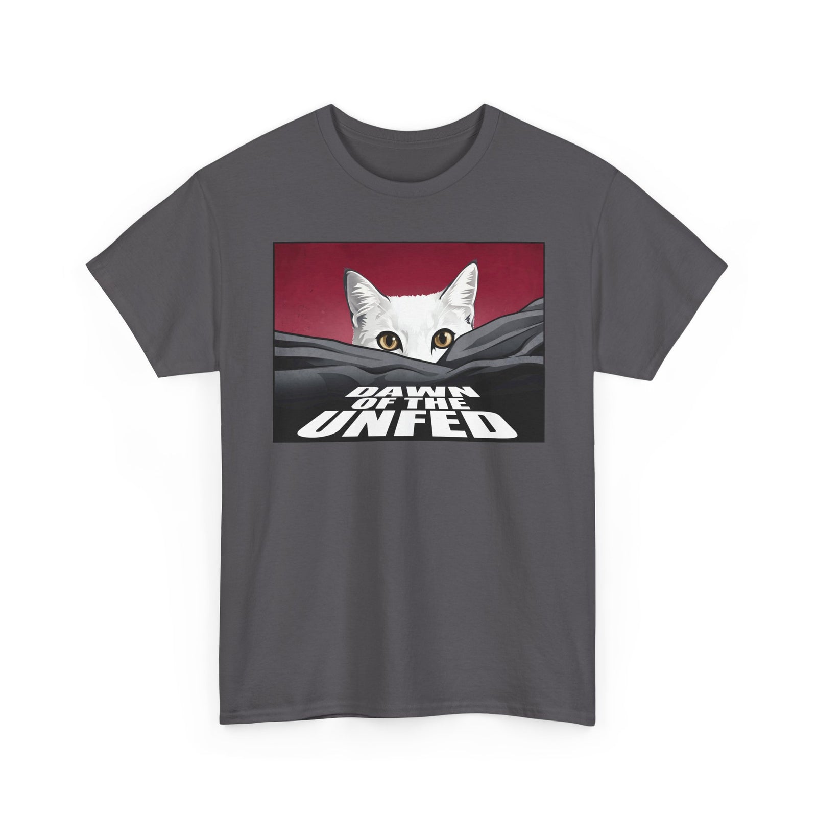 Dawn of the Unfed T-Shirt — Funny White Cat Horror Movie Parody Tee