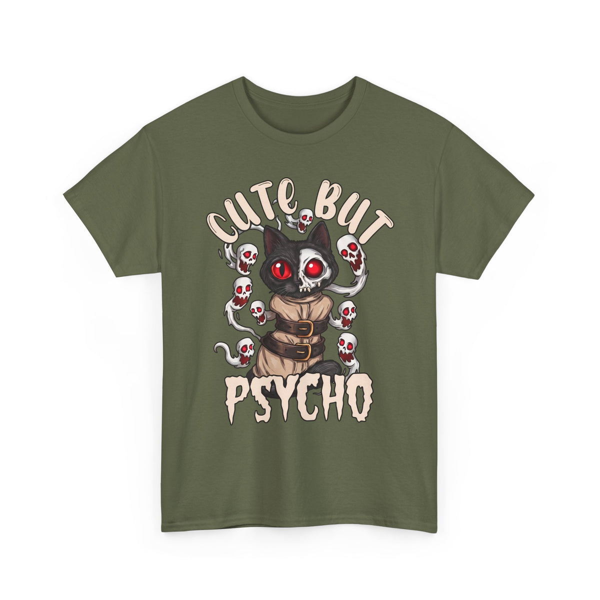 Cute But Psycho T-Shirt — Funny Straightjacket Black Cat Horror Tee