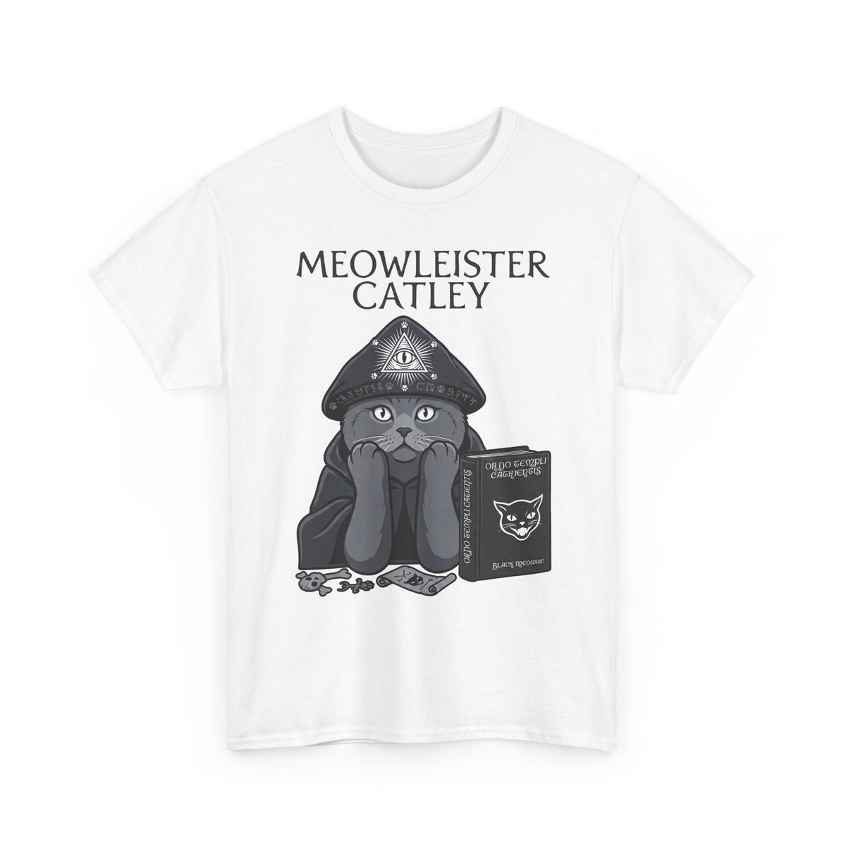 Meowleister Catley T-Shirt — Witchy Cat with Spellbook Graphic