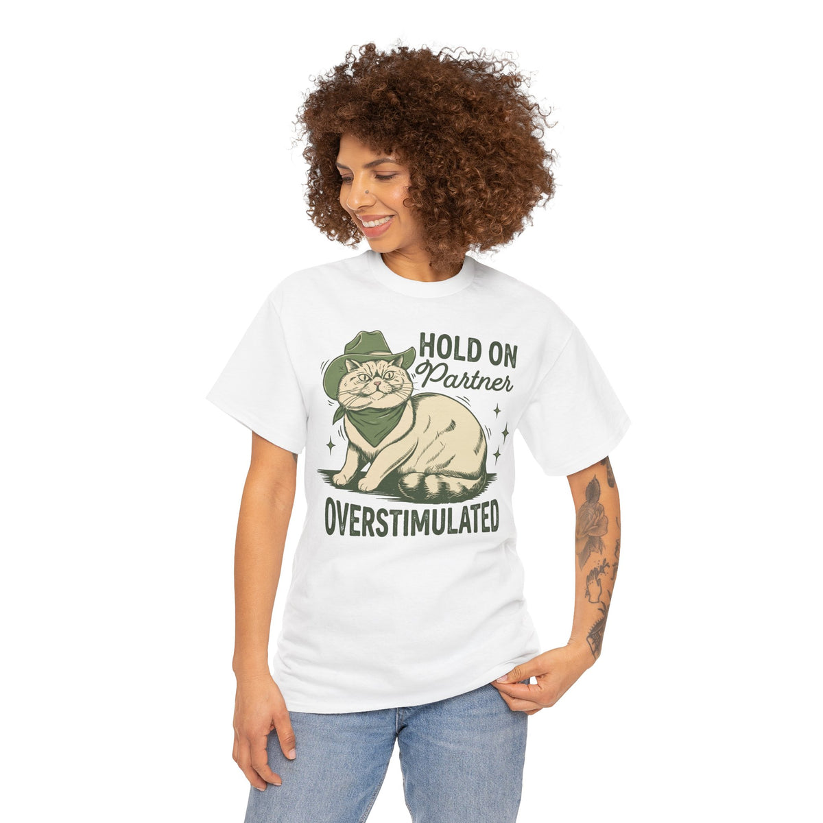 Hold On Partner Overstimulated Cat Tee — Funny Cowgirl Cat Graphic T-Shirt