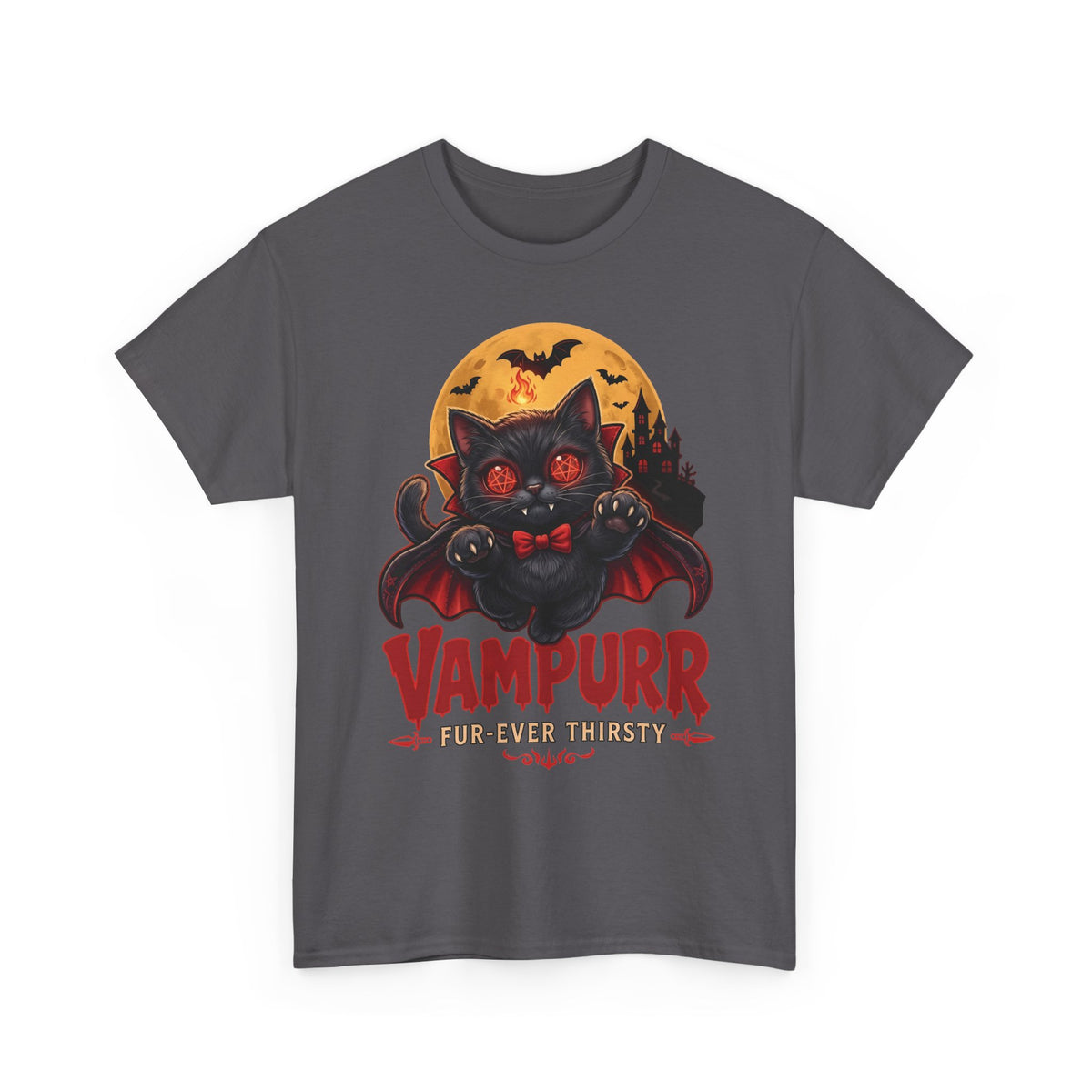 Vampurr Fur-Ever Thirsty Cat T-Shirt — Spooky Halloween Vampire Tee