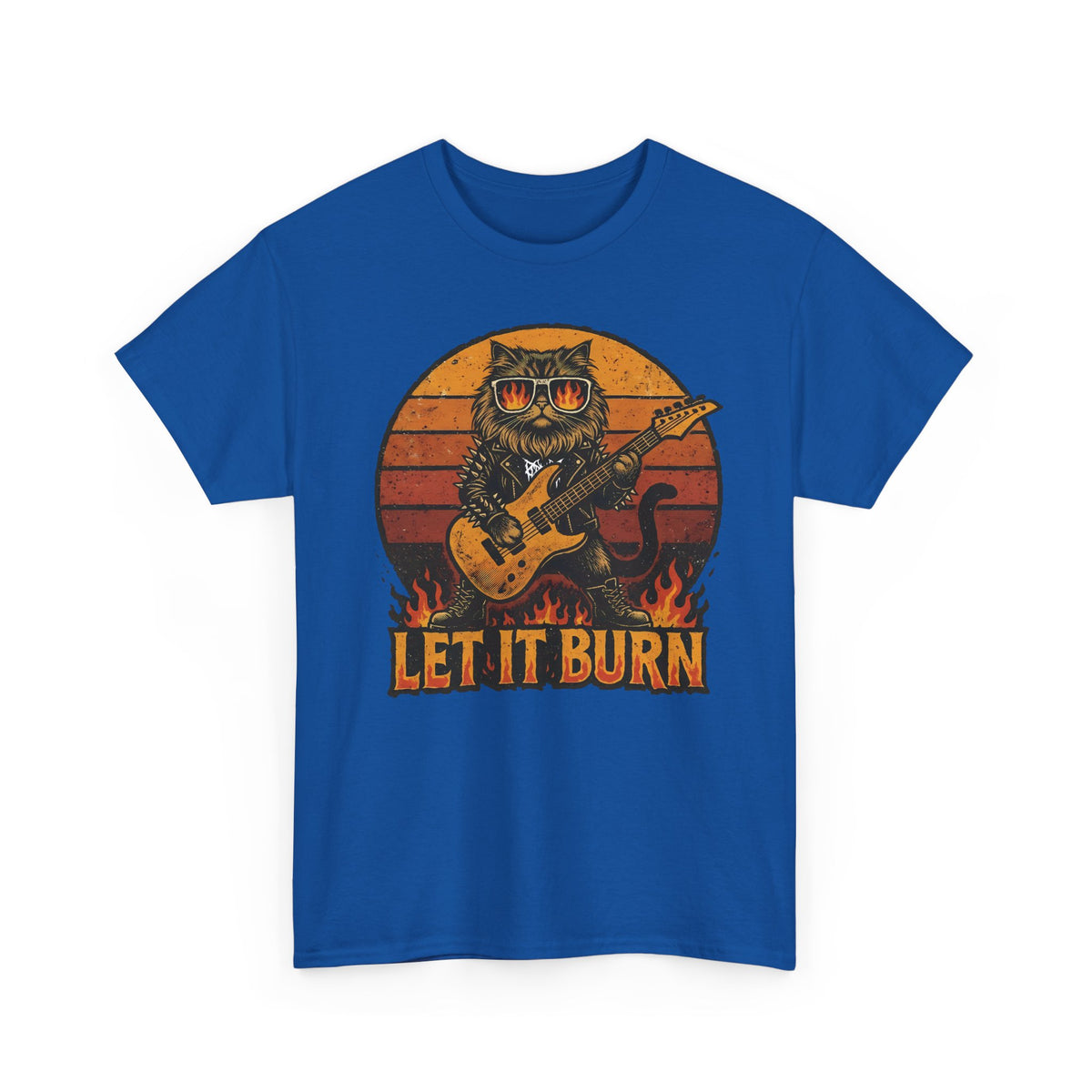 Let It Burn Rocker Cat T-Shirt — Heavy Metal Guitar Feline Graphic