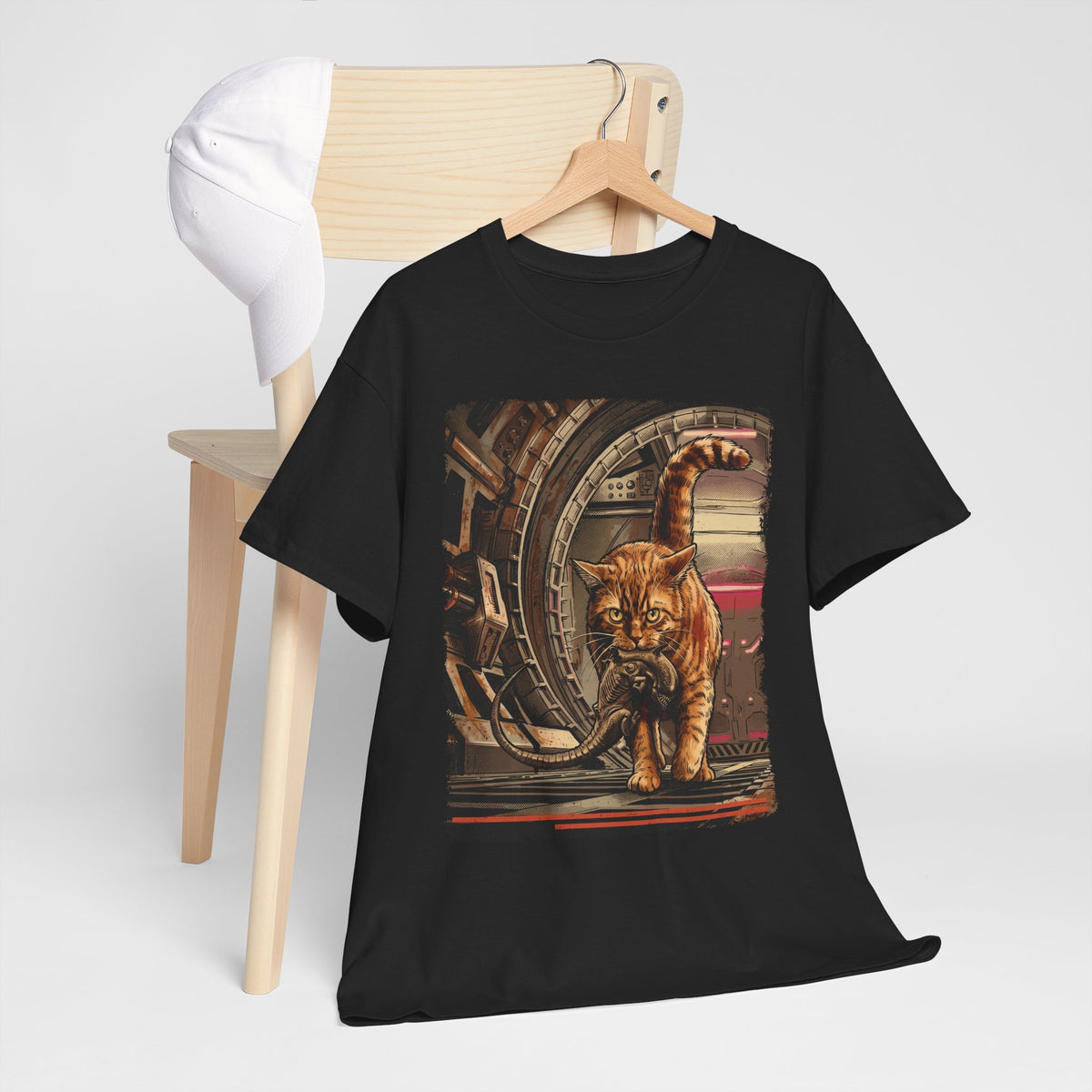Sci-Fi Pest Control Cat T-Shirt — Alien Hunter Orange Tabby Graphic