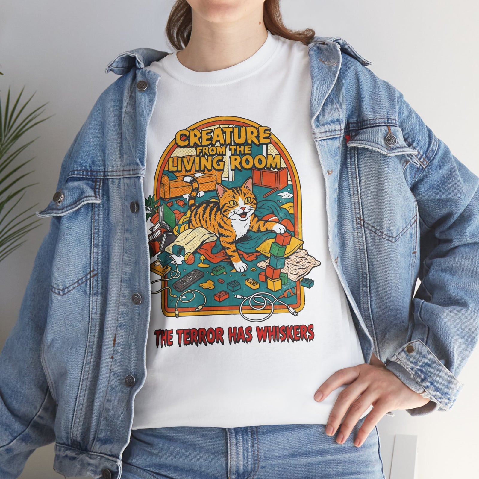 Cozy Living Room Cat Tee — Retro Sunlit Illustration Graphic Shirt