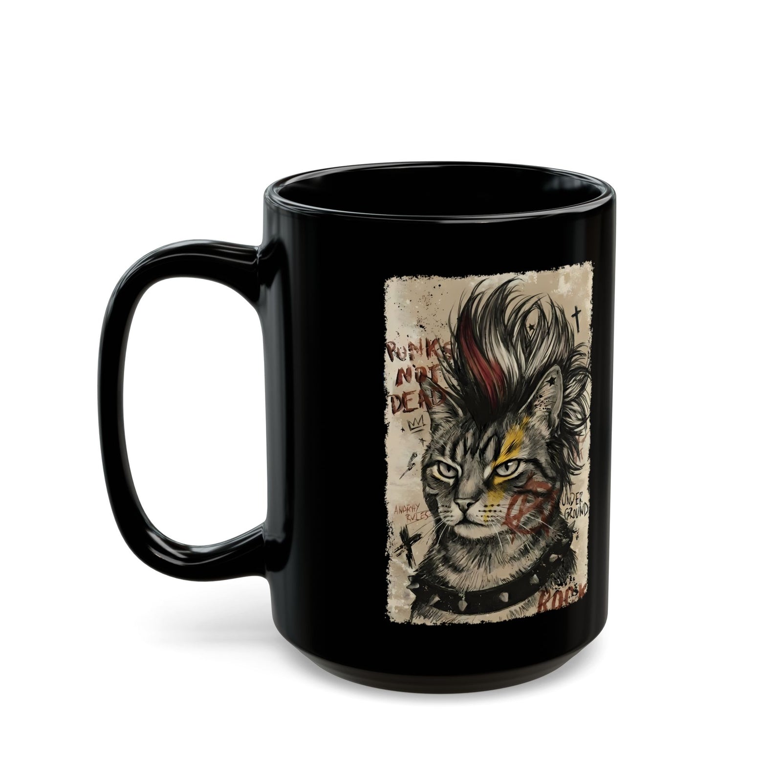 Punks Not Dead Cat Black Mug — Edgy Mohawk Anarchy Feline Graphic