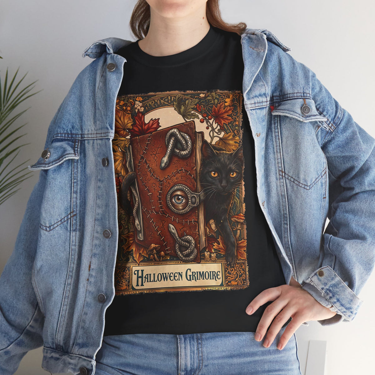 Halloween Grimoire Spellbook Black Cat T-Shirt — Witchy Autumn Magic Tee