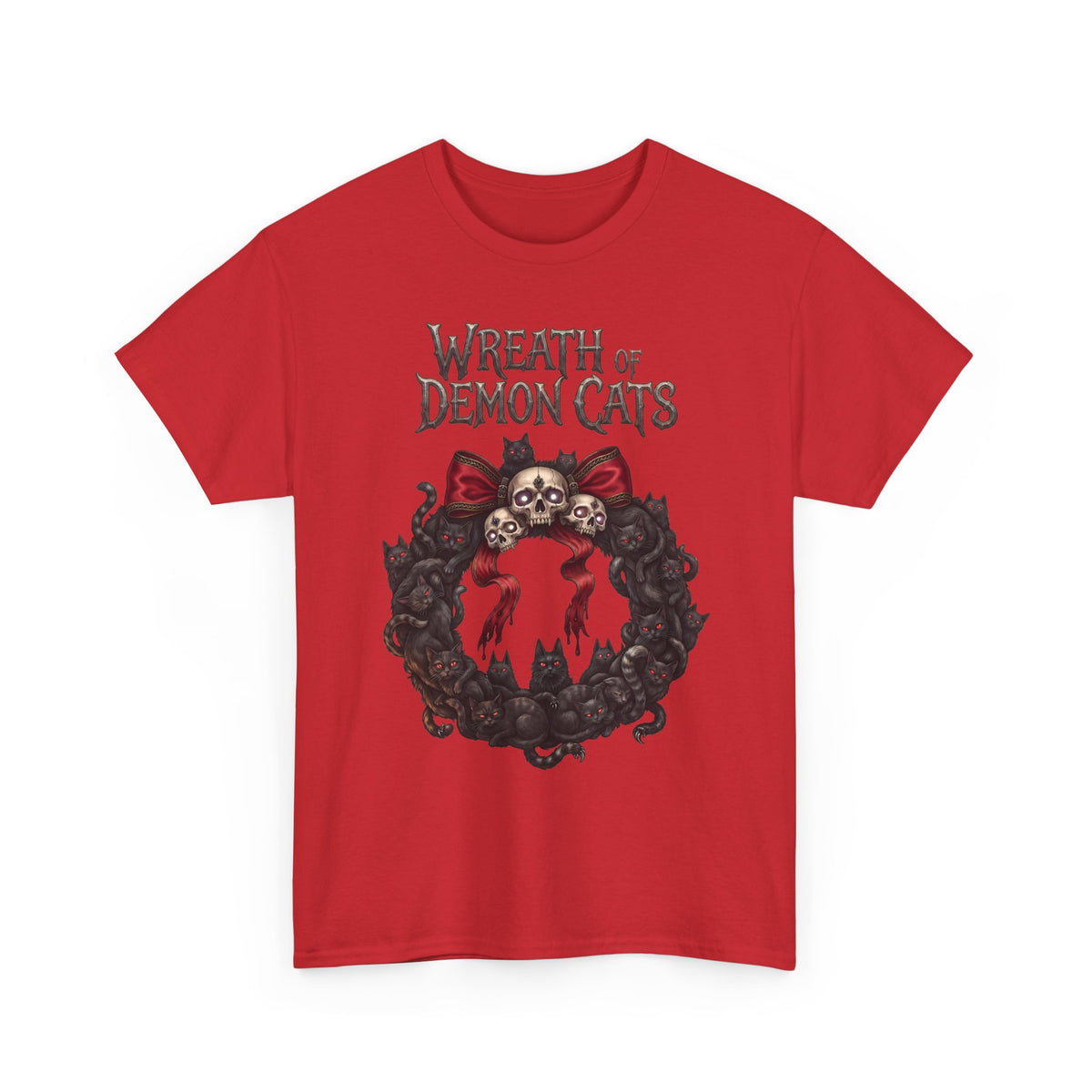 Wreath Of Demon Cats T-Shirt — Gothic Black Cat Skull Wreath Tee