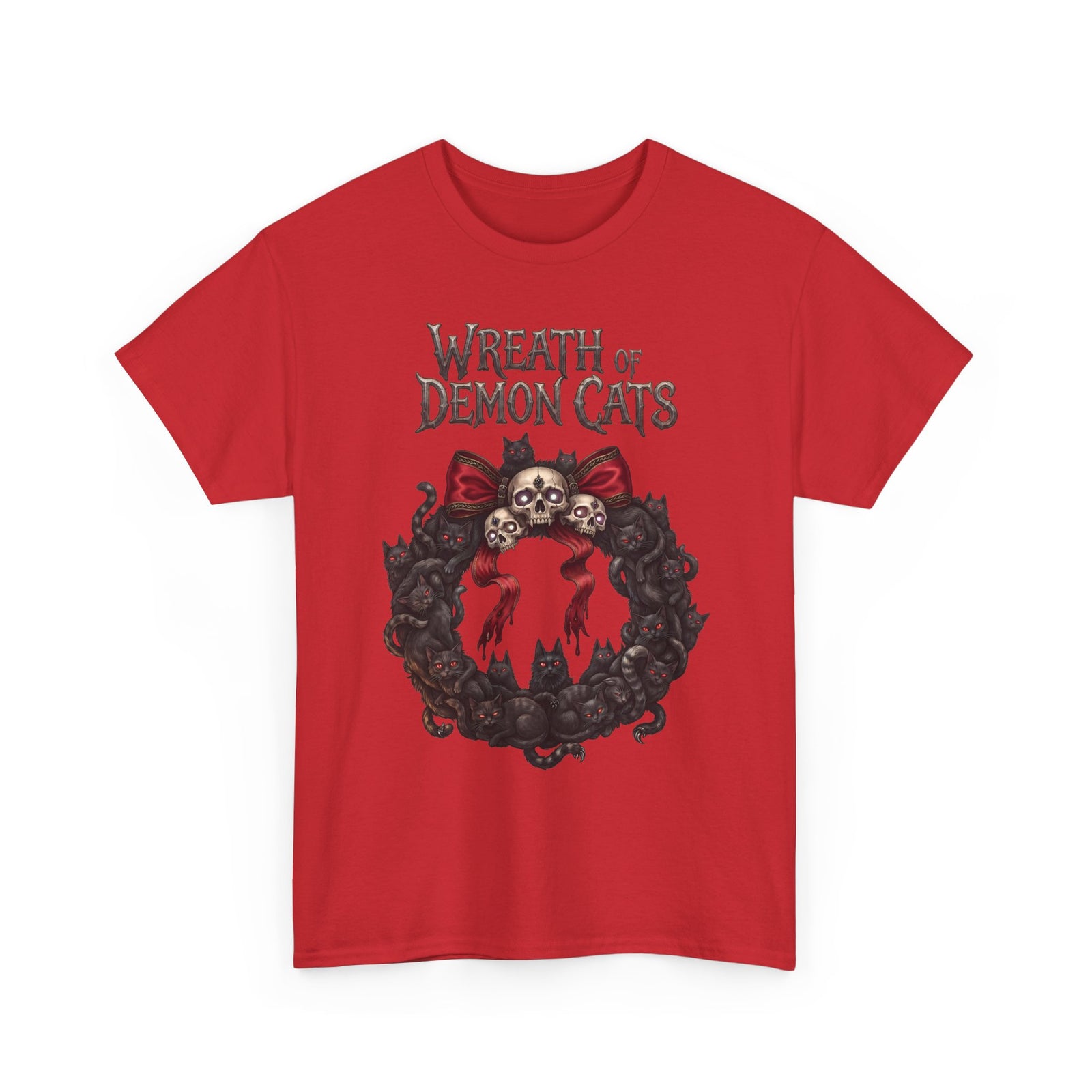 Wreath Of Demon Cats T-Shirt — Gothic Black Cat Skull Wreath Tee
