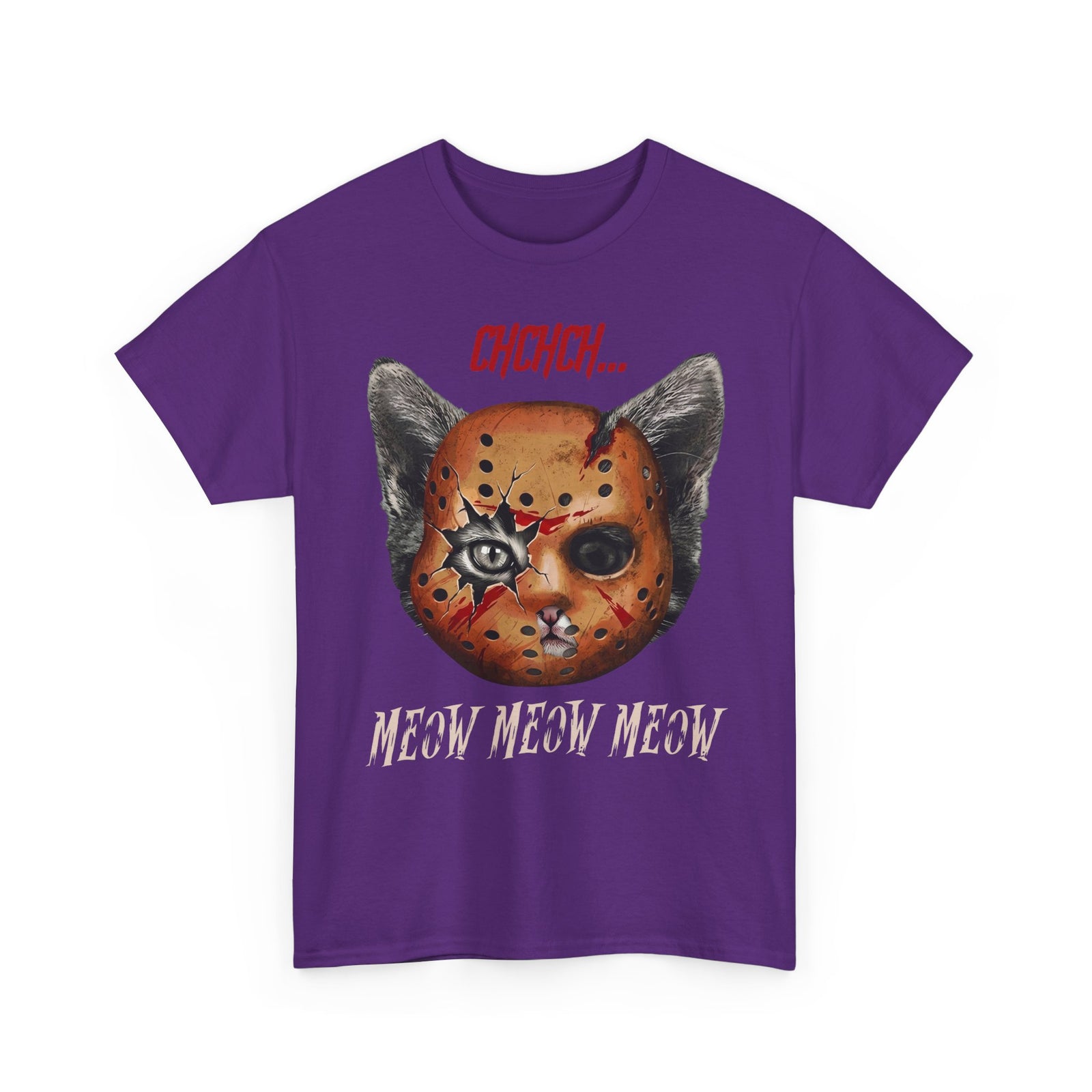 Horror Cat Tee  “Meow Meow Meow” Jason Mask Kitty Graphic T-Shirt
