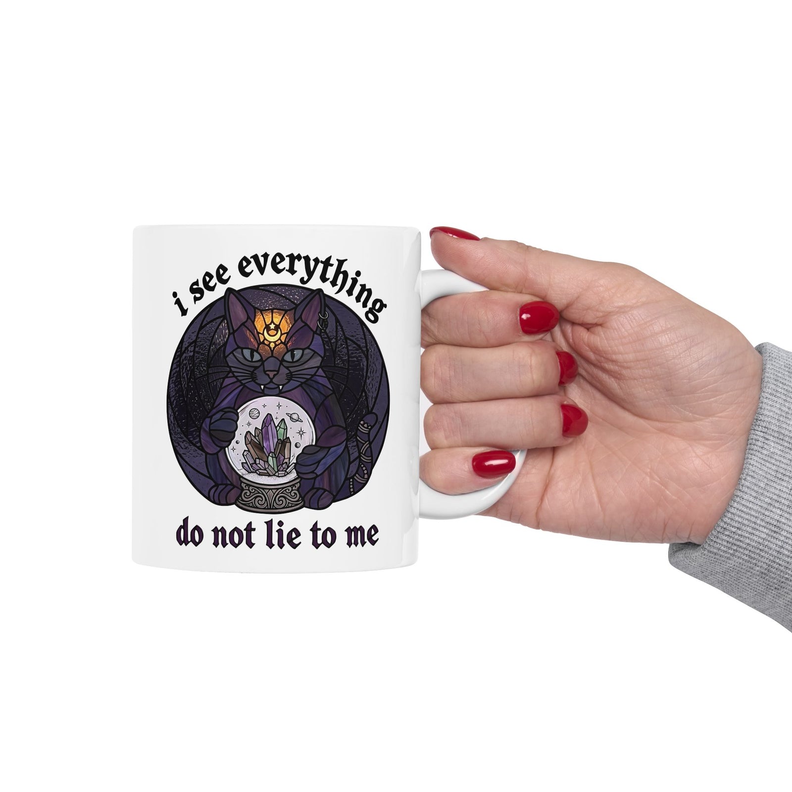 Mystic Fortune Teller Cat Ceramic Mug "I See Everything" Stained Glass Spiritual Kitten