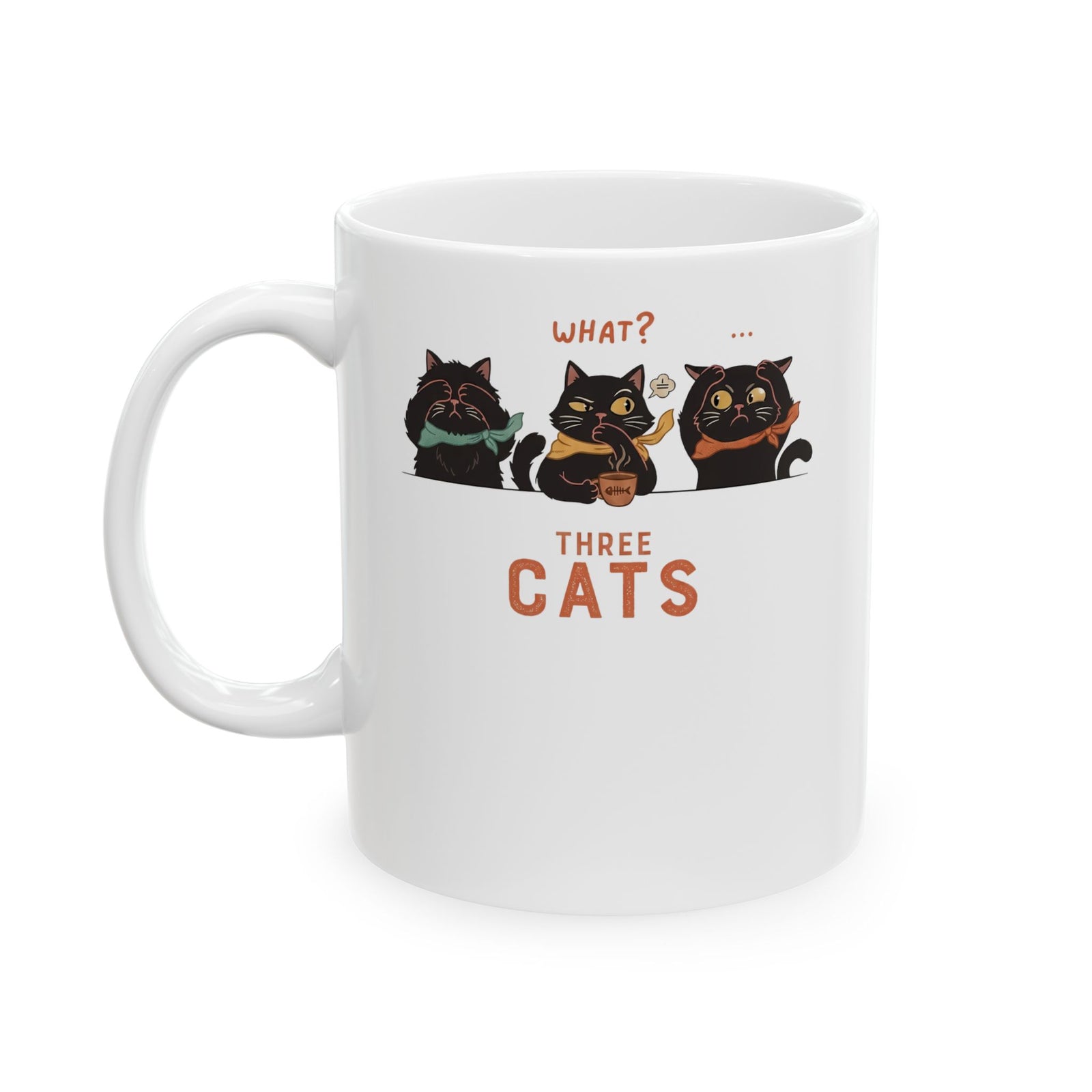 Three Wise Cats Ceramic Mug — Graphic Mug for Cat Lovers