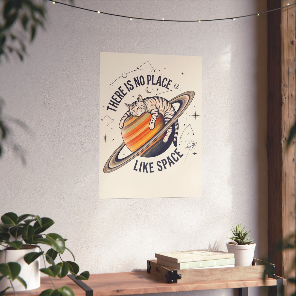 There Is No Place Like Space Poster — Funny Sleeping Cat Saturn Poster