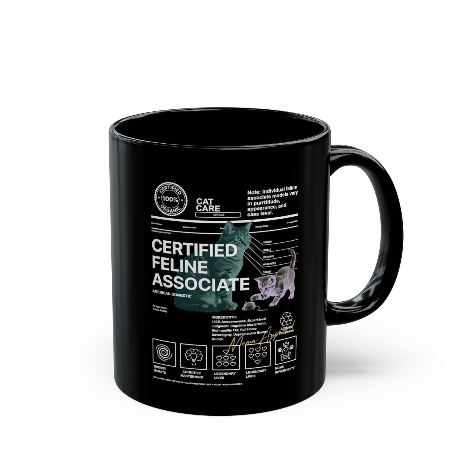 Certified Feline Associate Black Mug — Funny Cat Lover Mug