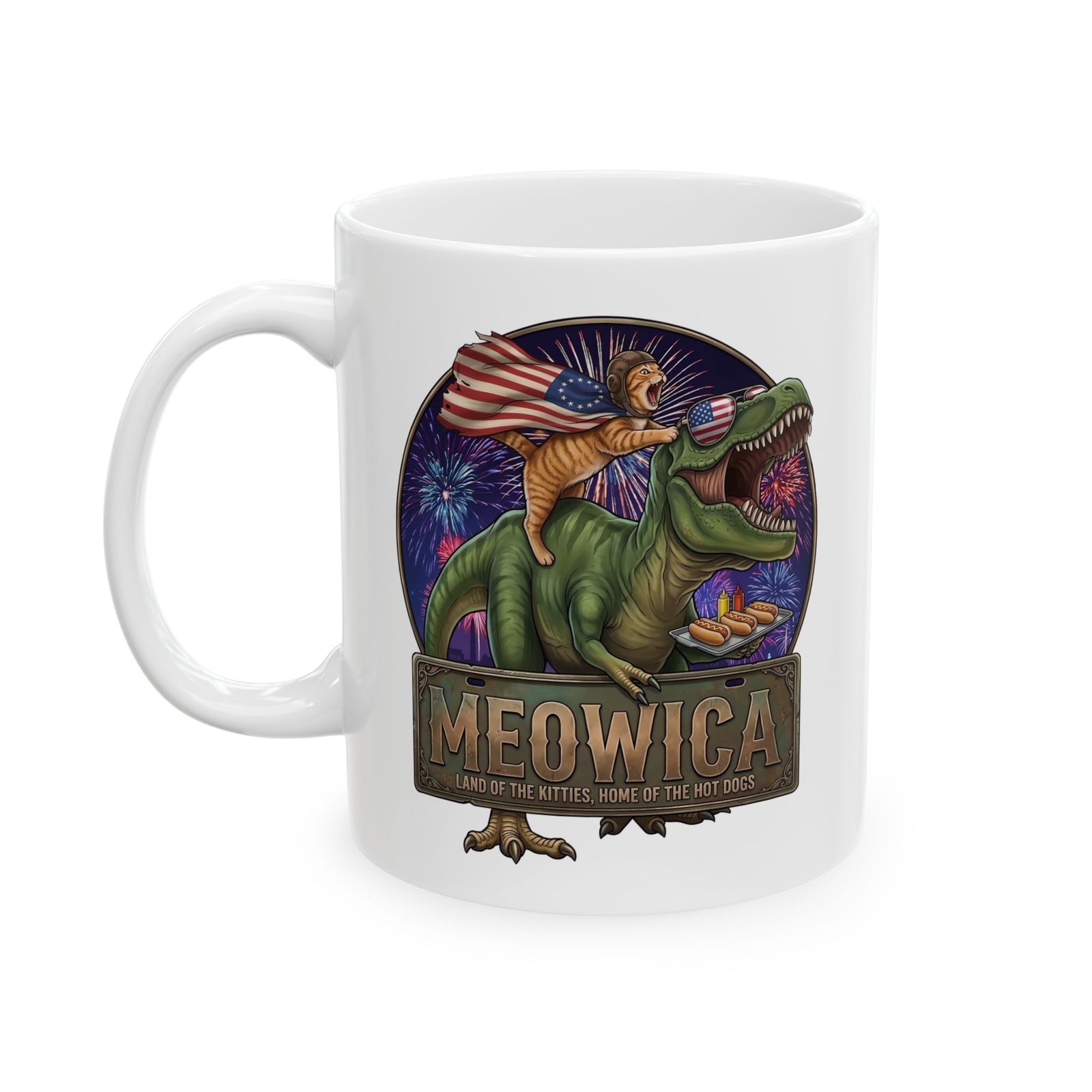 4th of July Cat Riding T‑Rex T‑Mug "Meowica: Land of the Kitties" Patriotic Graphic