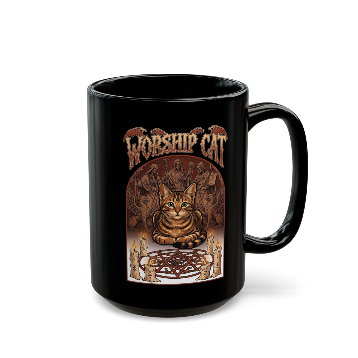 Worship Cat Black Mug — Cute Cat Faith Graphic Mug