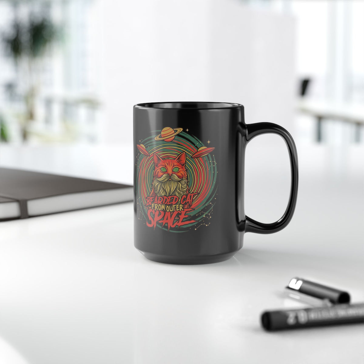 Bearded Cat from Outer Space Black Mug