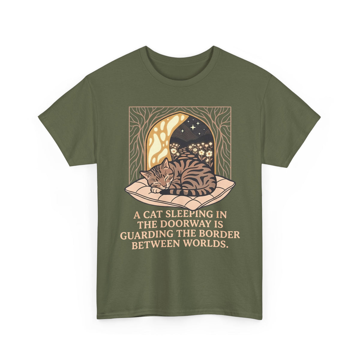 Mystical Cat Sleeping in the Doorway T-Shirt — "Guarding the Border Between Worlds"