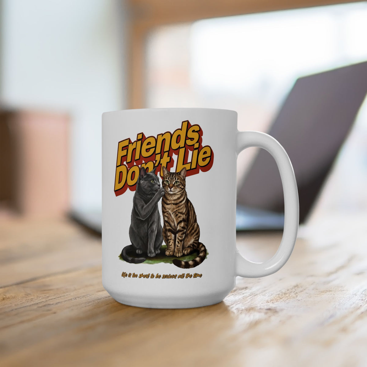 Friends Don't Lie Cat Ceramic Mug — Funny Cat Gossip Drinkware
