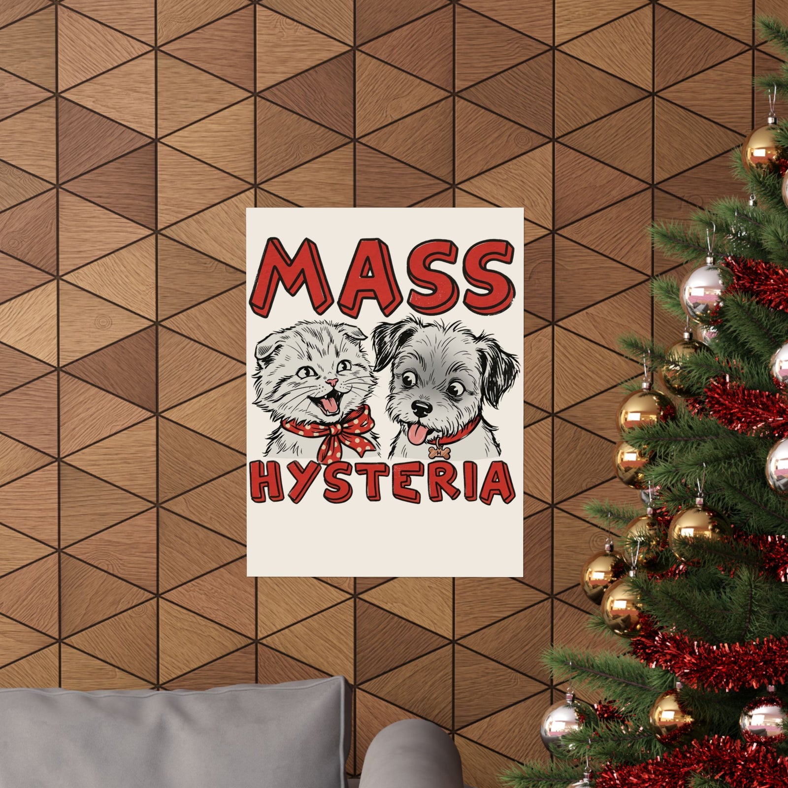 Cat & Dog Mass Hysteria Poster Funny Puppy & Kitten Line Art Poster