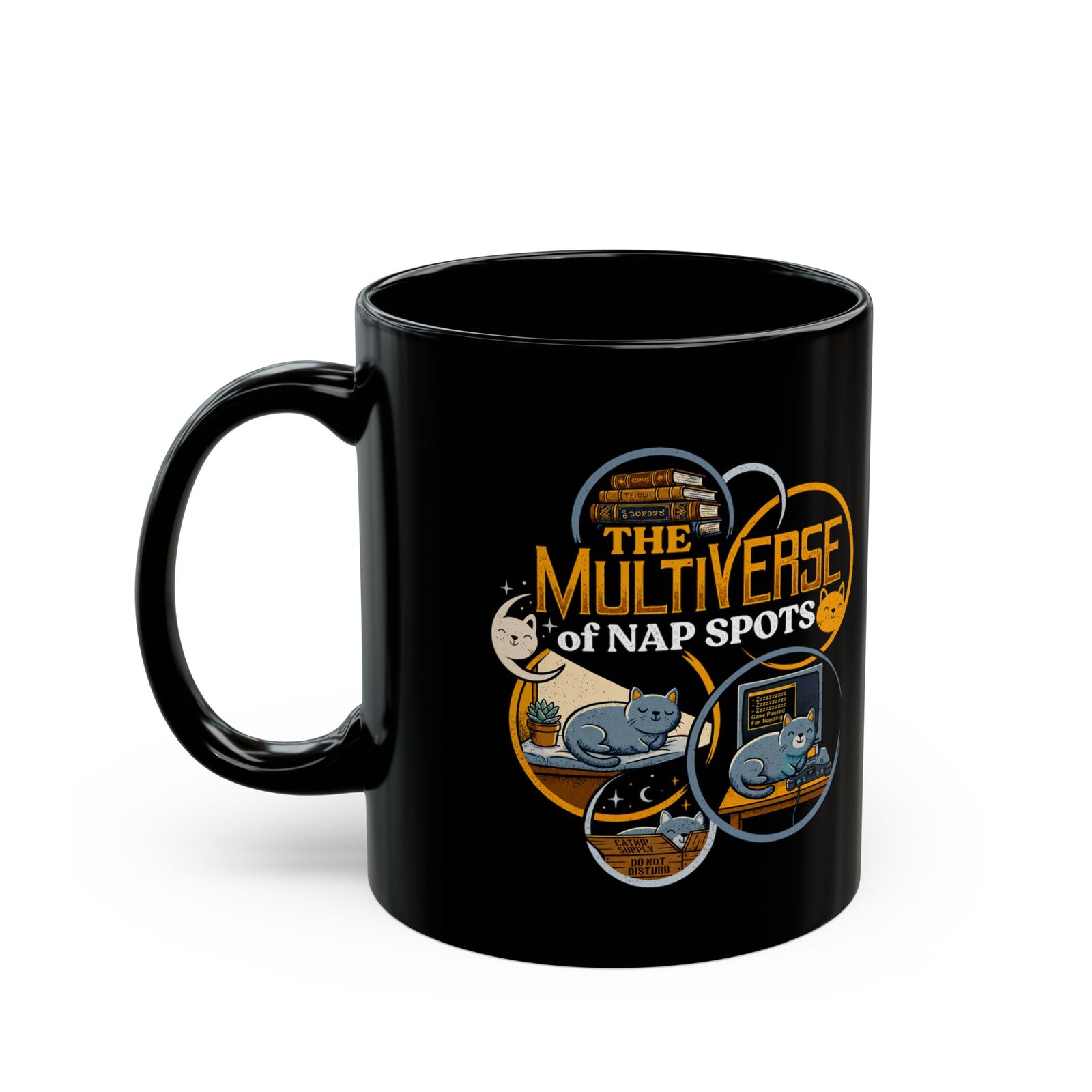 Multiverse Nap Spots Cute Cat Black Mug — Cute Cat Nap Graphic Mug