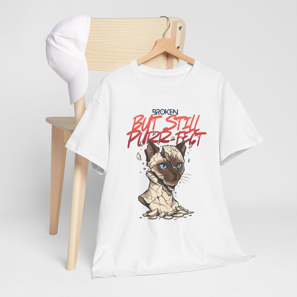 Funny Cat T-Shirt — "Broken But Still Purr-fect"