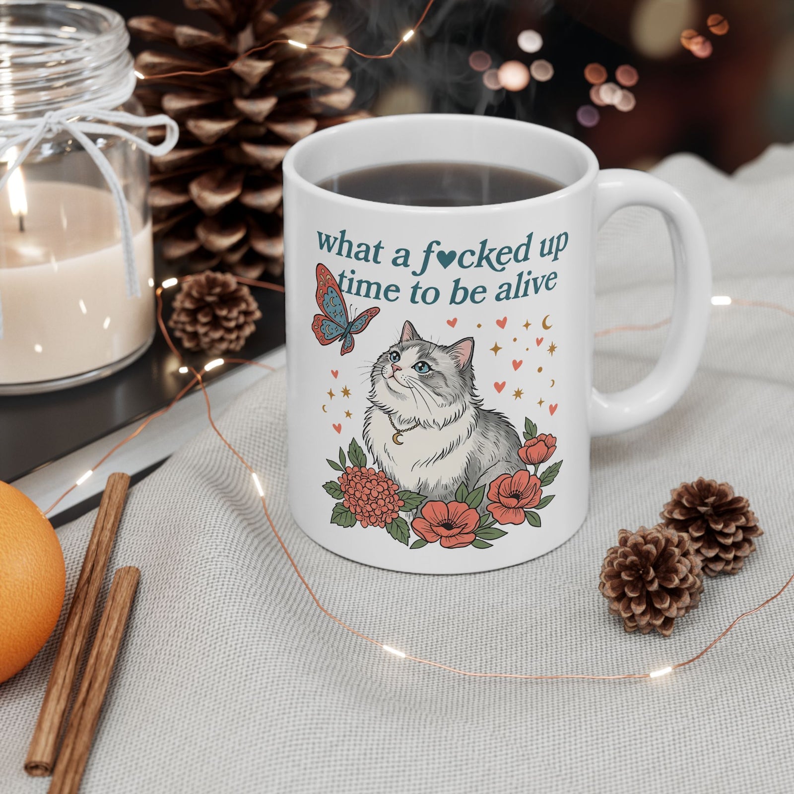 Retro Cat Mug — "What a Fucked Up Time to Be Alive" Graphic